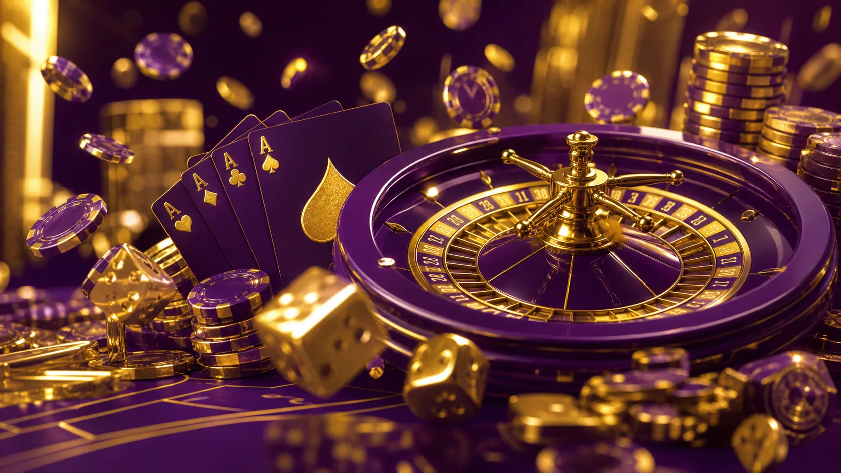 A luxury casino-themed hero banner with striking elements like poker chips, glowing dice, and swirling smoke in vibrant two-t